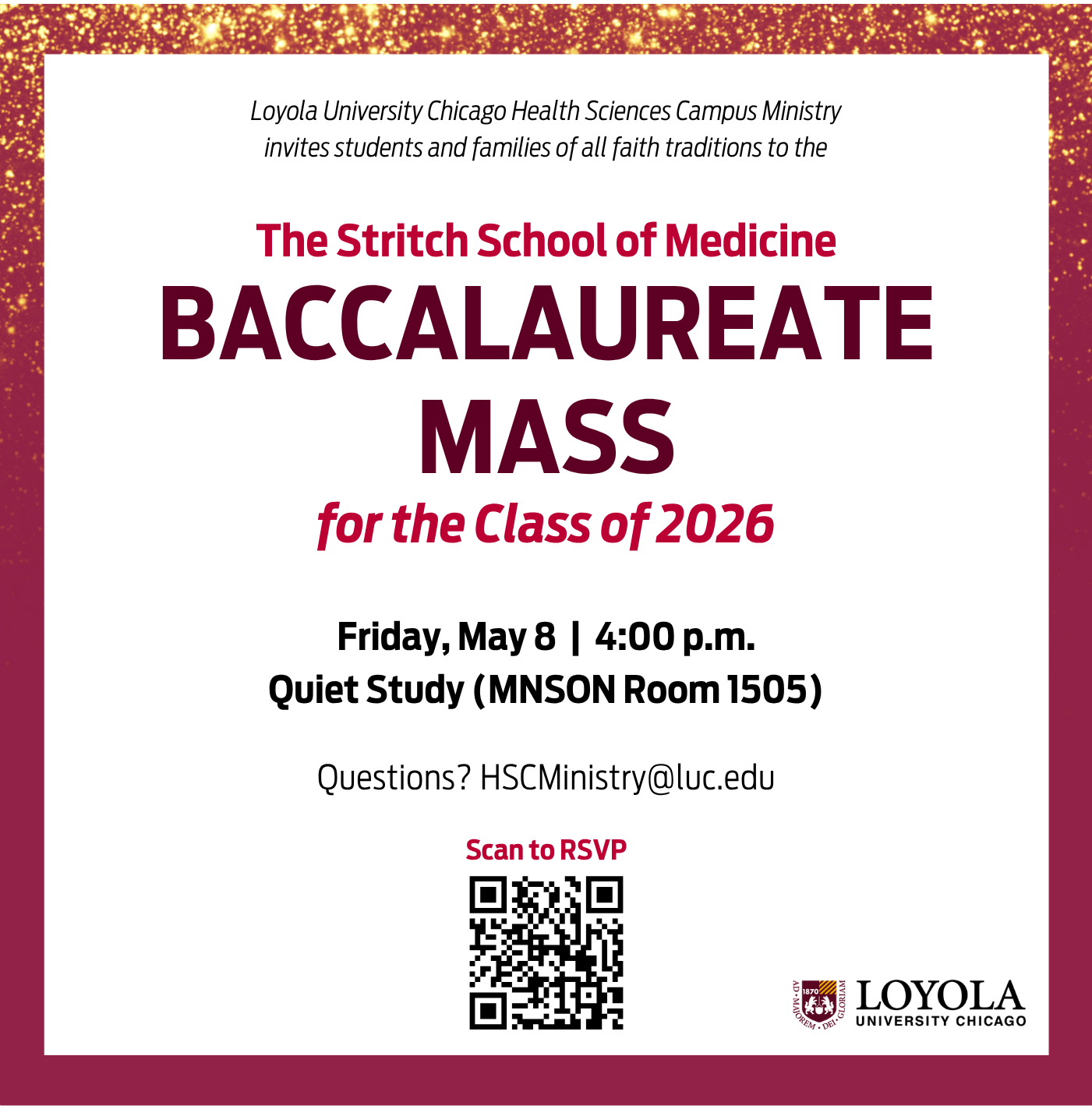 Flier for the SSOM Baccalaureate Mass on Friday, May 8, 2026, at 4:00 PM in the Quiet Study.